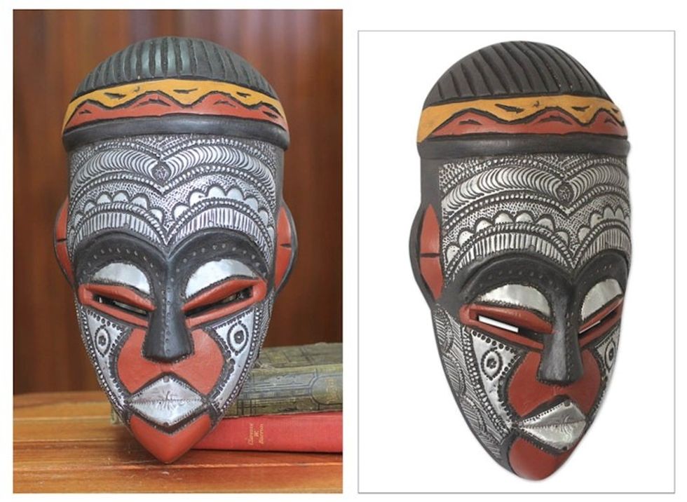 Hand Carved African Wood Mask with Embossed Aluminum 'Daimuwa III'