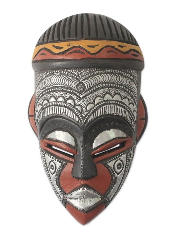 Alternate image for Hand Carved African Wood Mask with Embossed Aluminum Daimuwa III