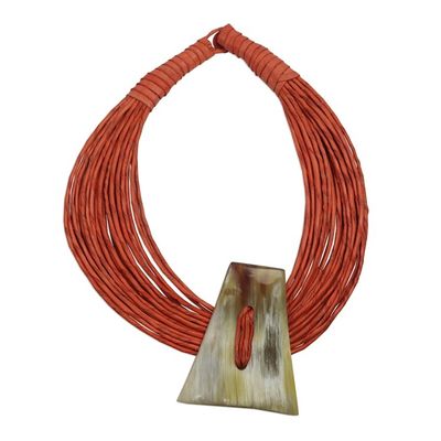 Alternate image for Ghanaian Orange Leather and Bone Statement Cord Necklace Laami