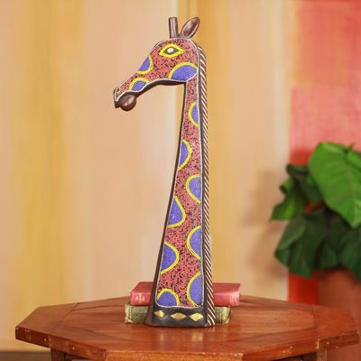 Alternate image for Beaded African Wood Wall Carving in Orange and Blue Psychedelic Giraffe