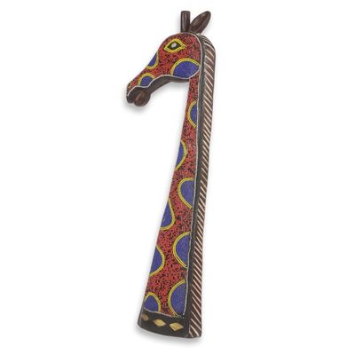 Alternate image for Beaded African Wood Wall Carving in Orange and Blue Psychedelic Giraffe