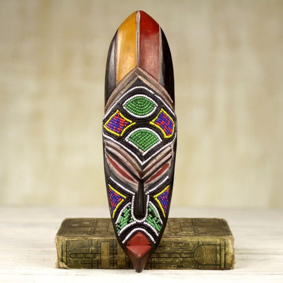 Multicolor Wood Recycled Glass Bead African Mask from Ghana 'Samba Messenger'