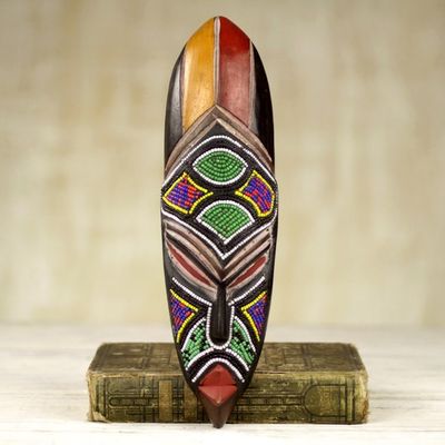 Alternate image for Multicolor Wood Recycled Glass Bead African Mask from Ghana Samba Messenger