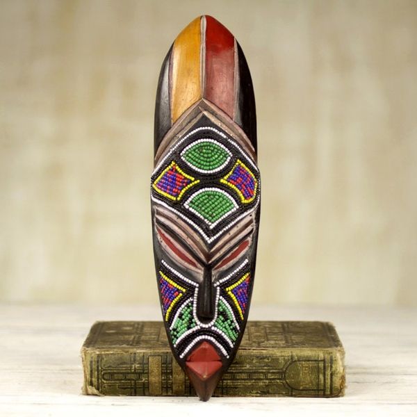 Alternate image for Multicolor Wood Recycled Glass Bead African Mask from Ghana Samba Messenger