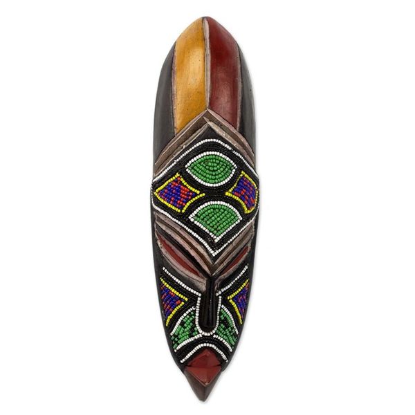 Alternate image for Multicolor Wood Recycled Glass Bead African Mask from Ghana Samba Messenger