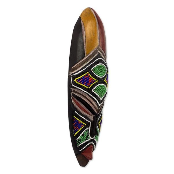 Alternate image for Multicolor Wood Recycled Glass Bead African Mask from Ghana Samba Messenger