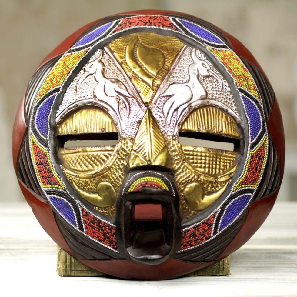 Bead and Brass Repousse African Wall Mask with Animal Motifs 'Promise of Prosperity'