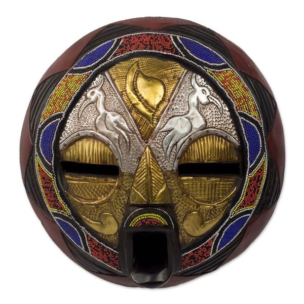 Alternate image for Bead and Brass Repousse African Wall Mask with Animal Motifs Promise of Prosperity