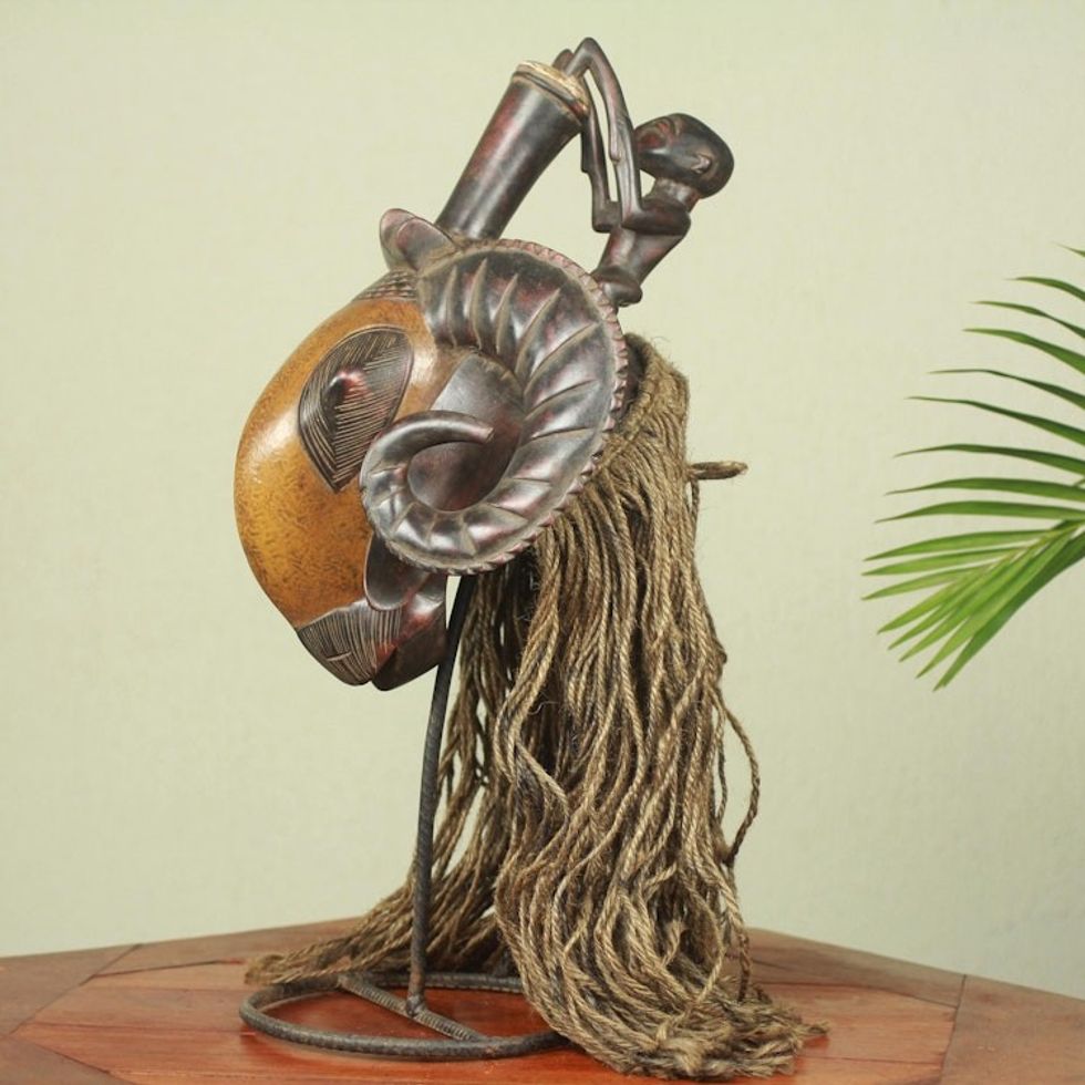 Ivoirian African Ram Mask with Jute Mane 'Brown Baule Ram'