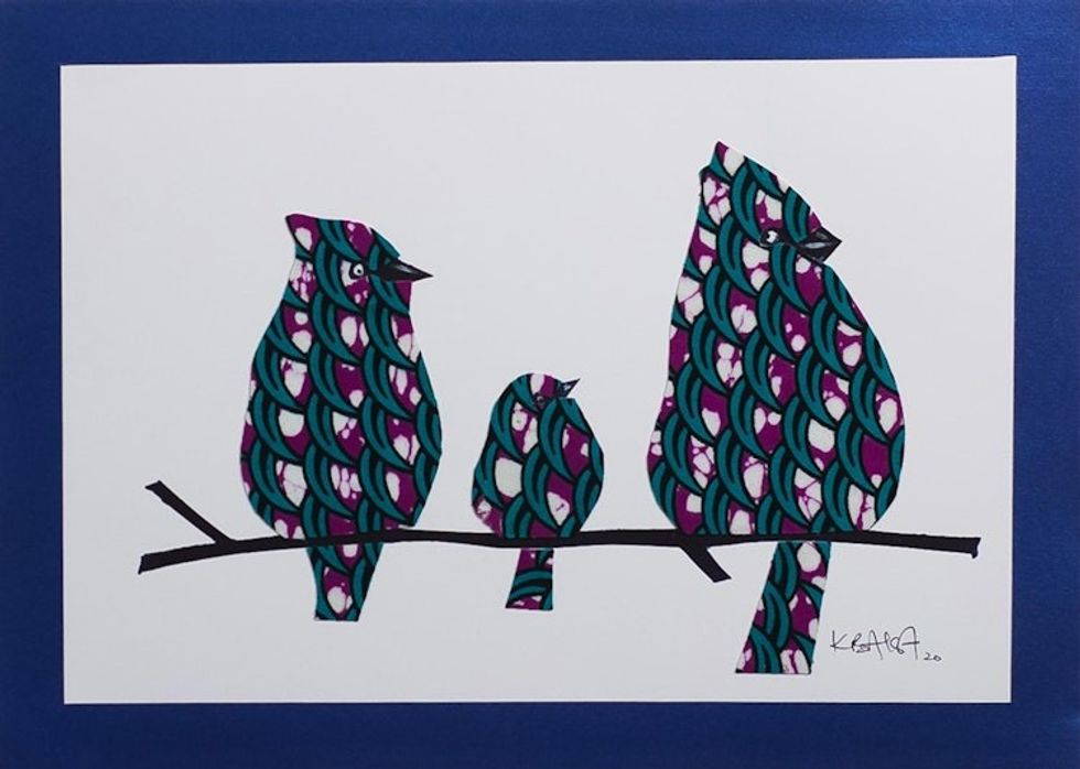 Matted Bird Painting on Cardstock 'Happy Family IV'