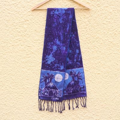 Alternate image for Artisan Crafted Signed Blue Batik Shawl from Ghana Blue Moonlight Village