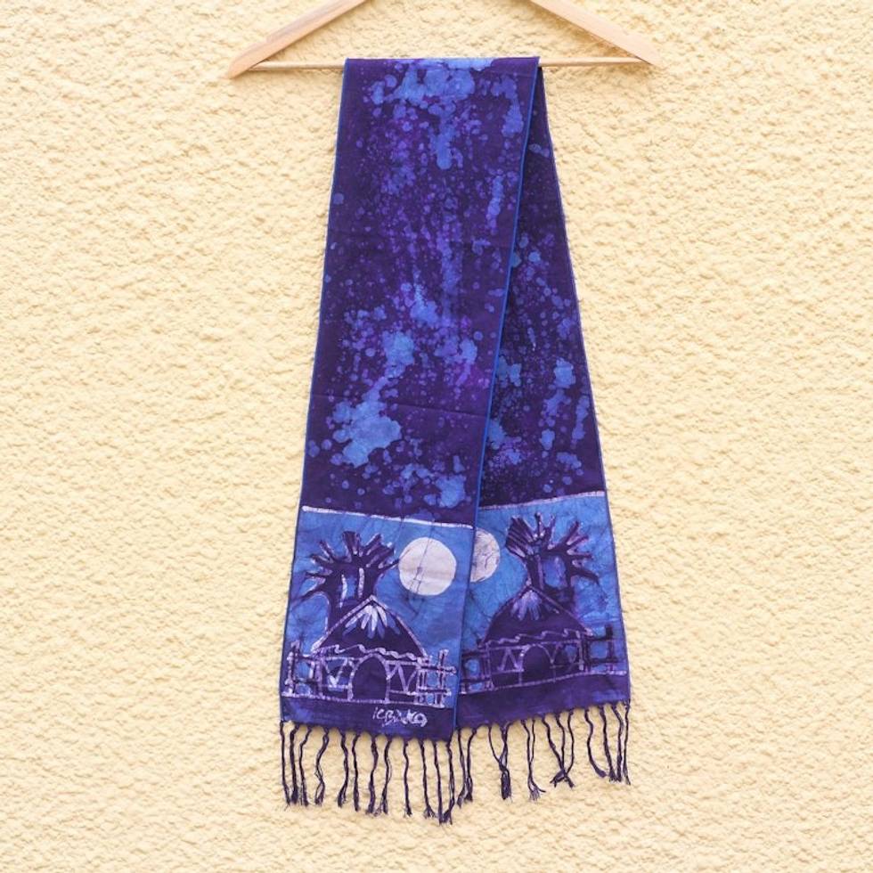 Artisan Crafted Signed Blue Batik Shawl from Ghana 'Blue Moonlight Village'