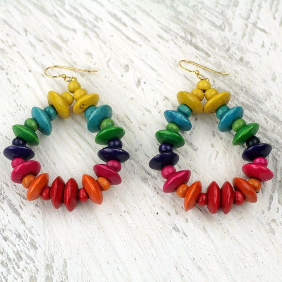 Colorful Fair Trade Beaded Wood Dangle Earrings from Ghana 'Joyous Celebration'