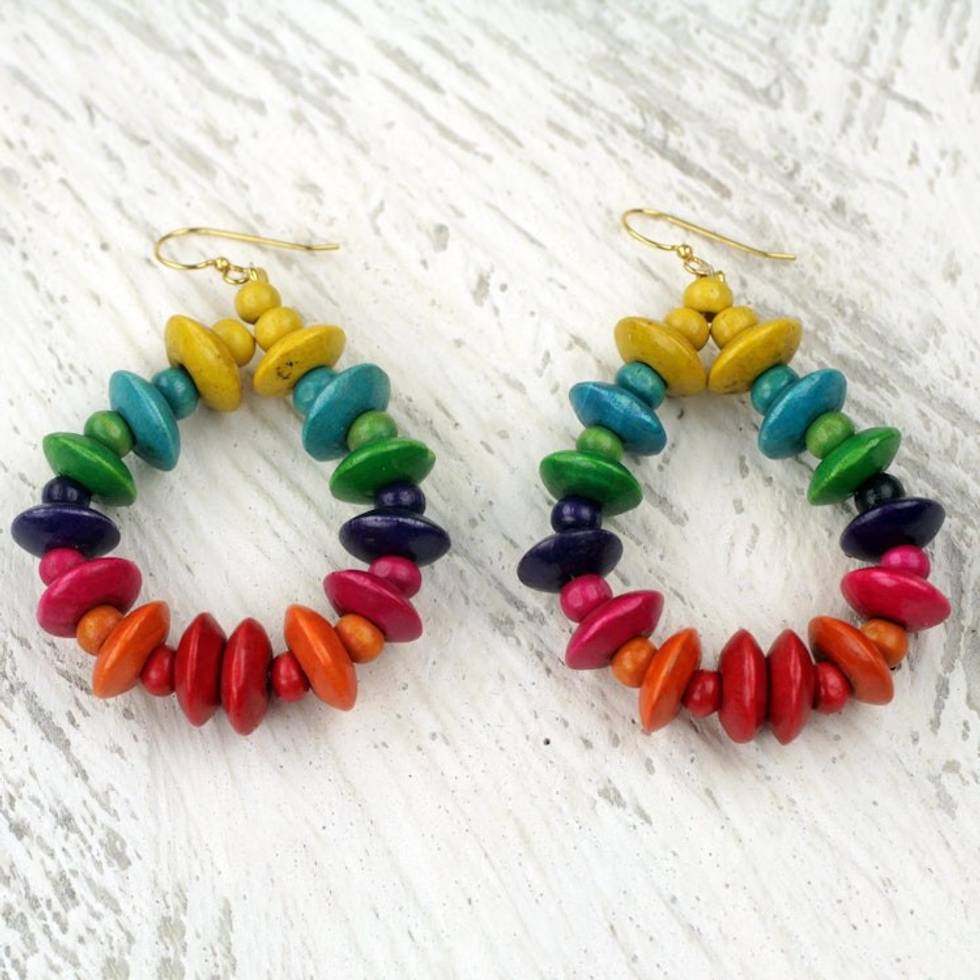 Colorful Fair Trade Beaded Wood Dangle Earrings from Ghana 'Joyous Celebration'