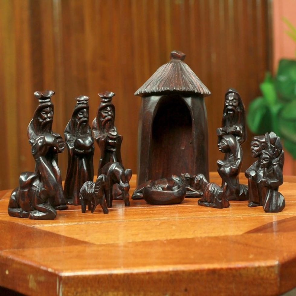 Handcrafted Teak Wood Nativity Scene Sculpture 14 Piece 'Gifts from the Ghanaian Magi'