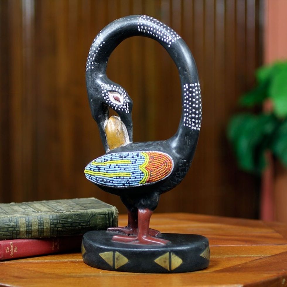 Adinkra Symbol Bird Wood Sculpture with Glass Beads 'My Lovely Bird'