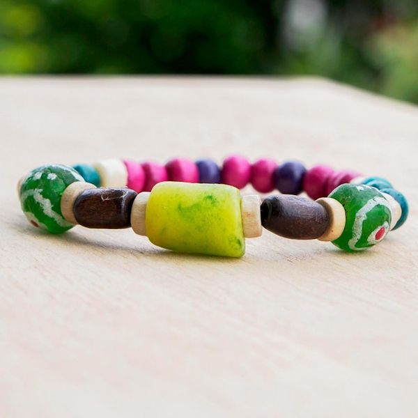 Alternate image for Wood and Recycled Glass Beaded Bracelet Village Beauty