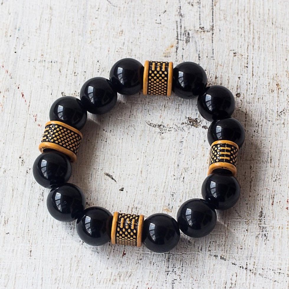 Bold Black and Yellow Recycled Bead Stretch Bracelet 'Madanfo'