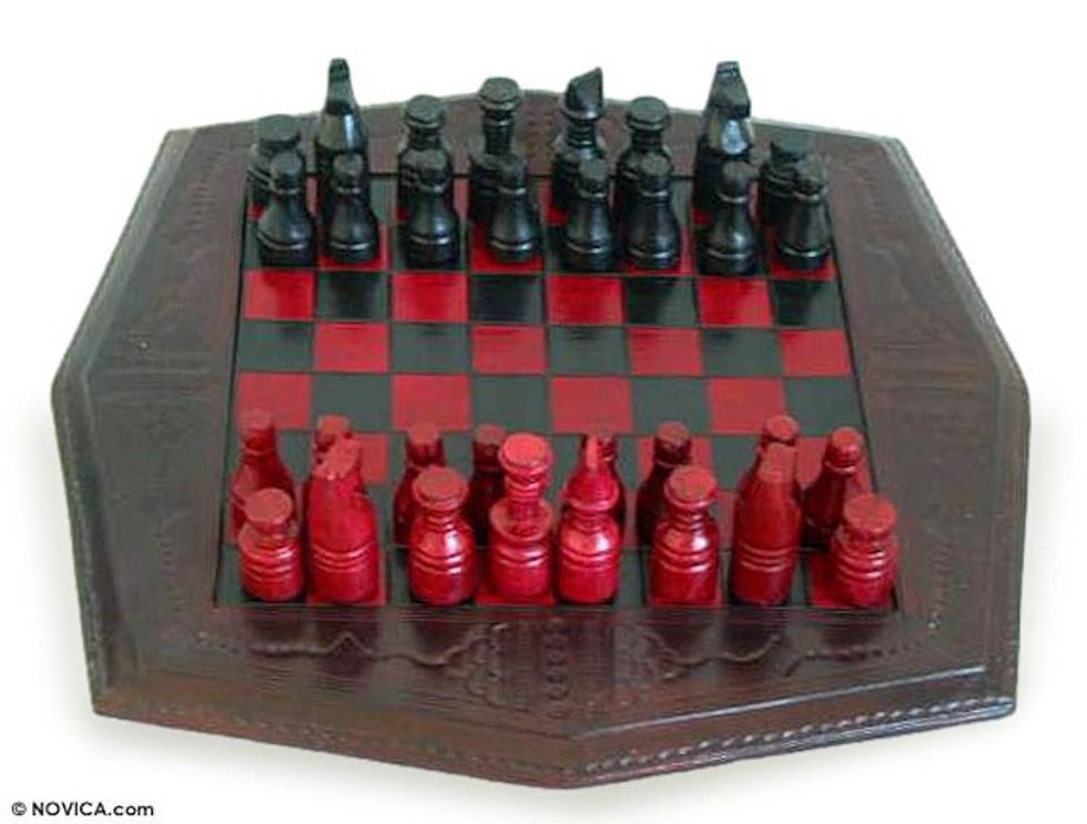 Wood and leather chess set 'African Battle'