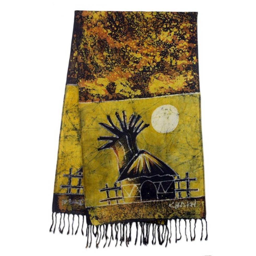 Signed Ghanaian Cotton Batik Shawl in Brown and Gold 'Golden Moonlight Village'