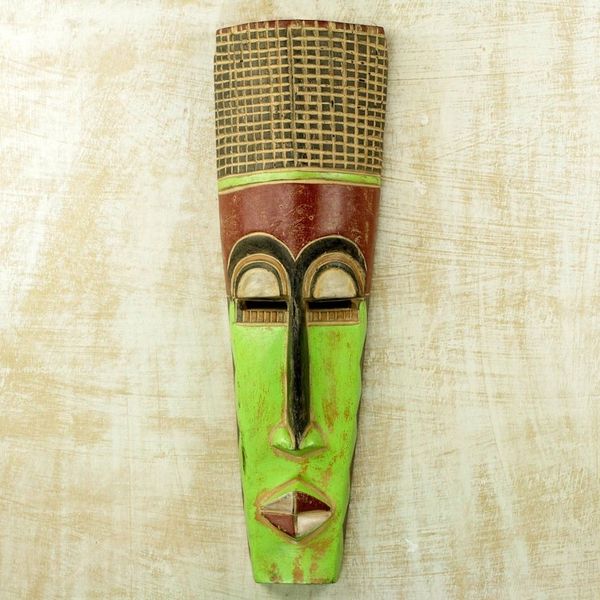 Alternate image for Slender 20-Inch Hand Carved Neon Green West African Mask Tall Man