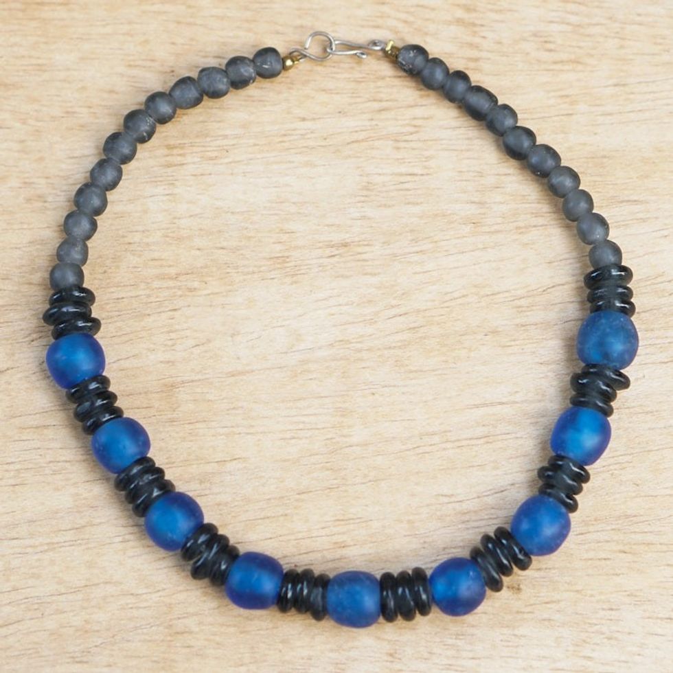 Handcrafted Blue and Black Glass Beaded Necklace 'Adom Nkoaa'