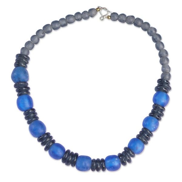Alternate image for Handcrafted Blue and Black Glass Beaded Necklace Adom Nkoaa