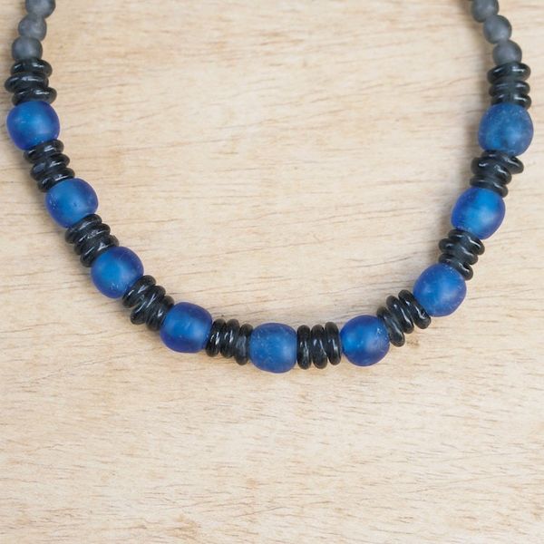 Alternate image for Handcrafted Blue and Black Glass Beaded Necklace Adom Nkoaa