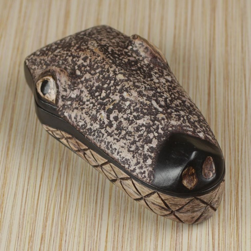 Hand Carved Wood Crocodile Head Decorative Box 'Crocodile Jewels'