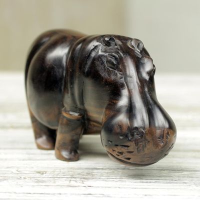 Alternate image for Hand Made Wood Hippopotamus Sculpture from Ghana Majestic Hippo