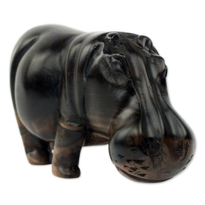Alternate image for Hand Made Wood Hippopotamus Sculpture from Ghana Majestic Hippo