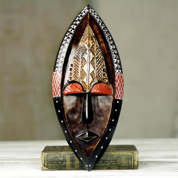 Alternate image for Ornate Hand Carved African Mask with Embossed Brass Peace Be Unto You