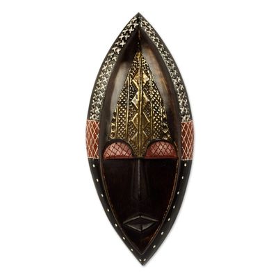 Alternate image for Ornate Hand Carved African Mask with Embossed Brass Peace Be Unto You