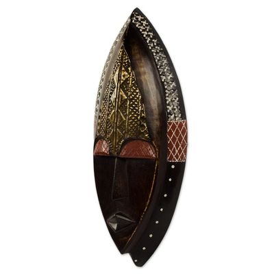 Alternate image for Ornate Hand Carved African Mask with Embossed Brass Peace Be Unto You