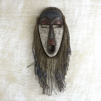 Alternate image for Jute Bearded African Wood Mask from Ghana Abajo