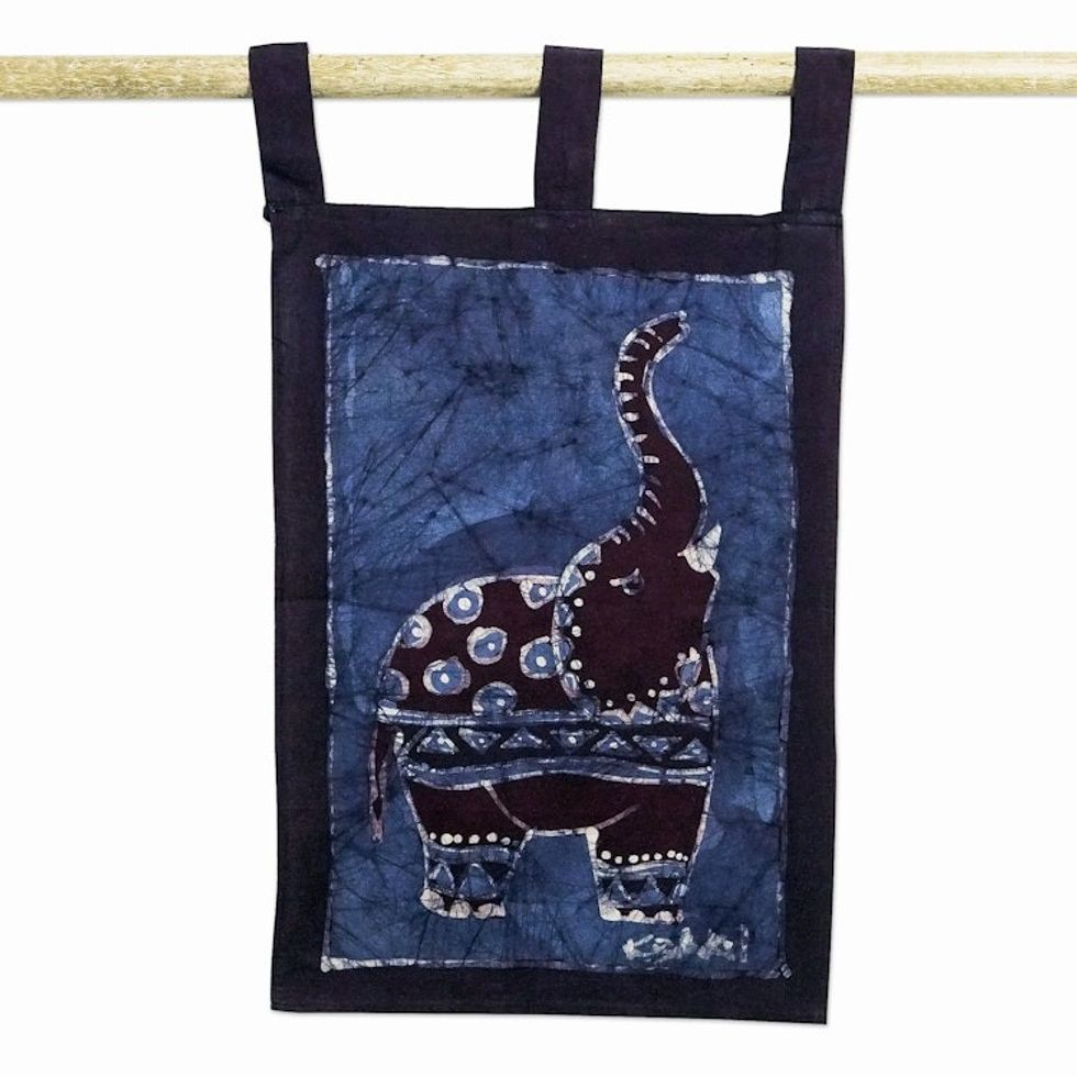 Cotton Batik Elephant Wall Hanging 'Blue Trumpeter'