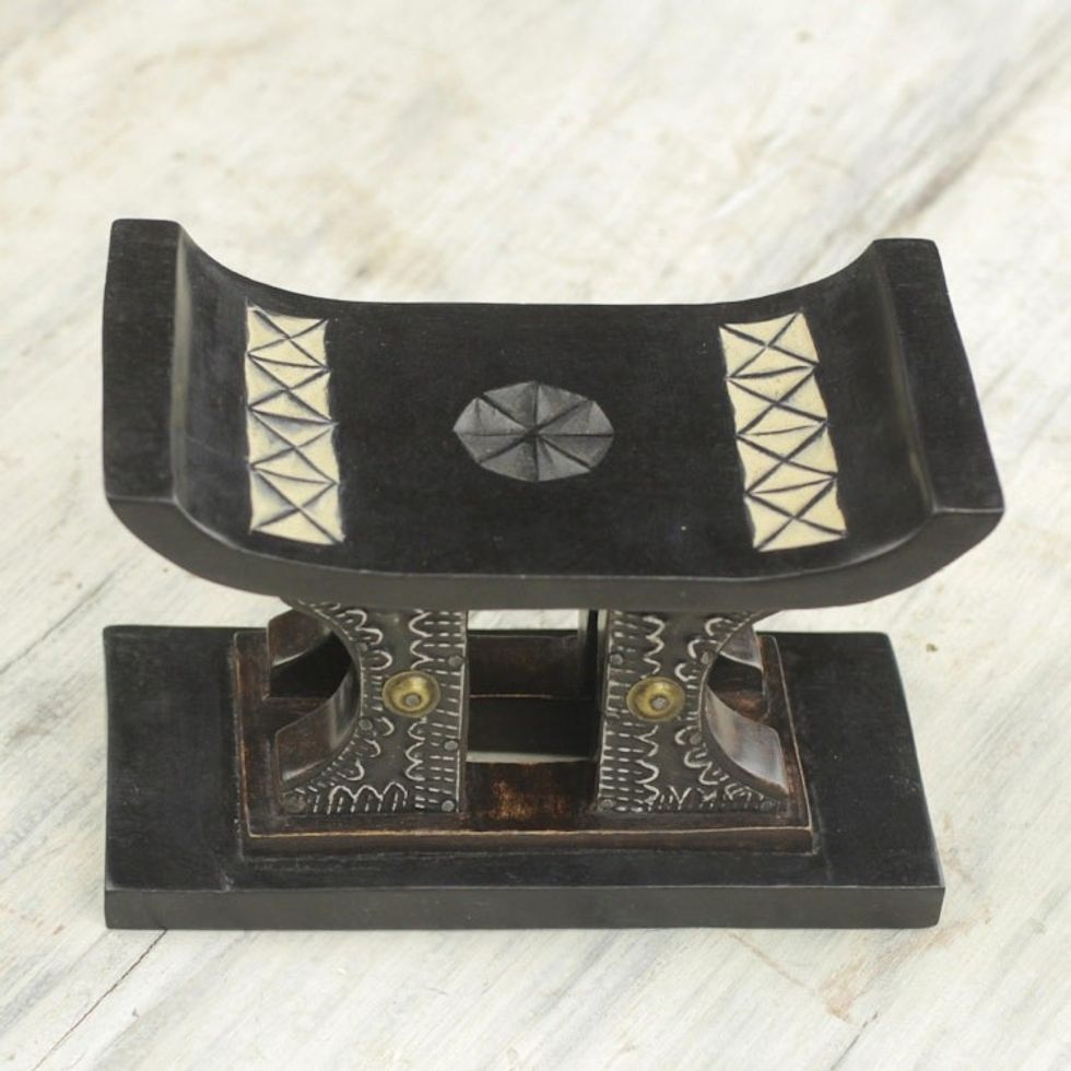 Wood and Aluminum Miniature Decorative Stool in Black 'African Legend in Black'