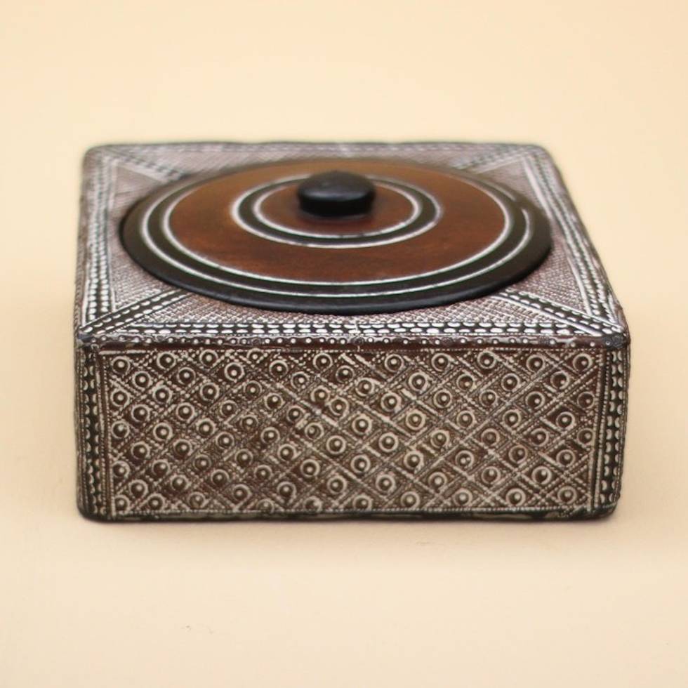 Square Wood and Aluminum Decorative Box from Ghana 'Treasure'