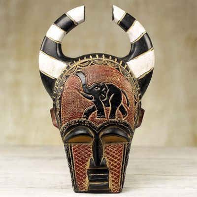 Alternate image for Artisan Crafted Sese Wood and Brass Wall Mask from Ghana Azubuike