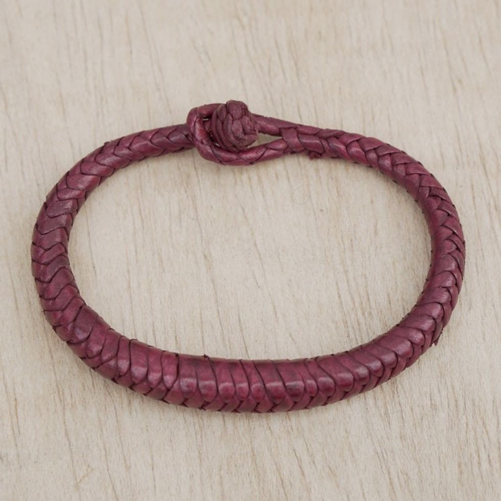 Handcrafted Braided Leather Bracelet in Crimson 'Crimson Grace'