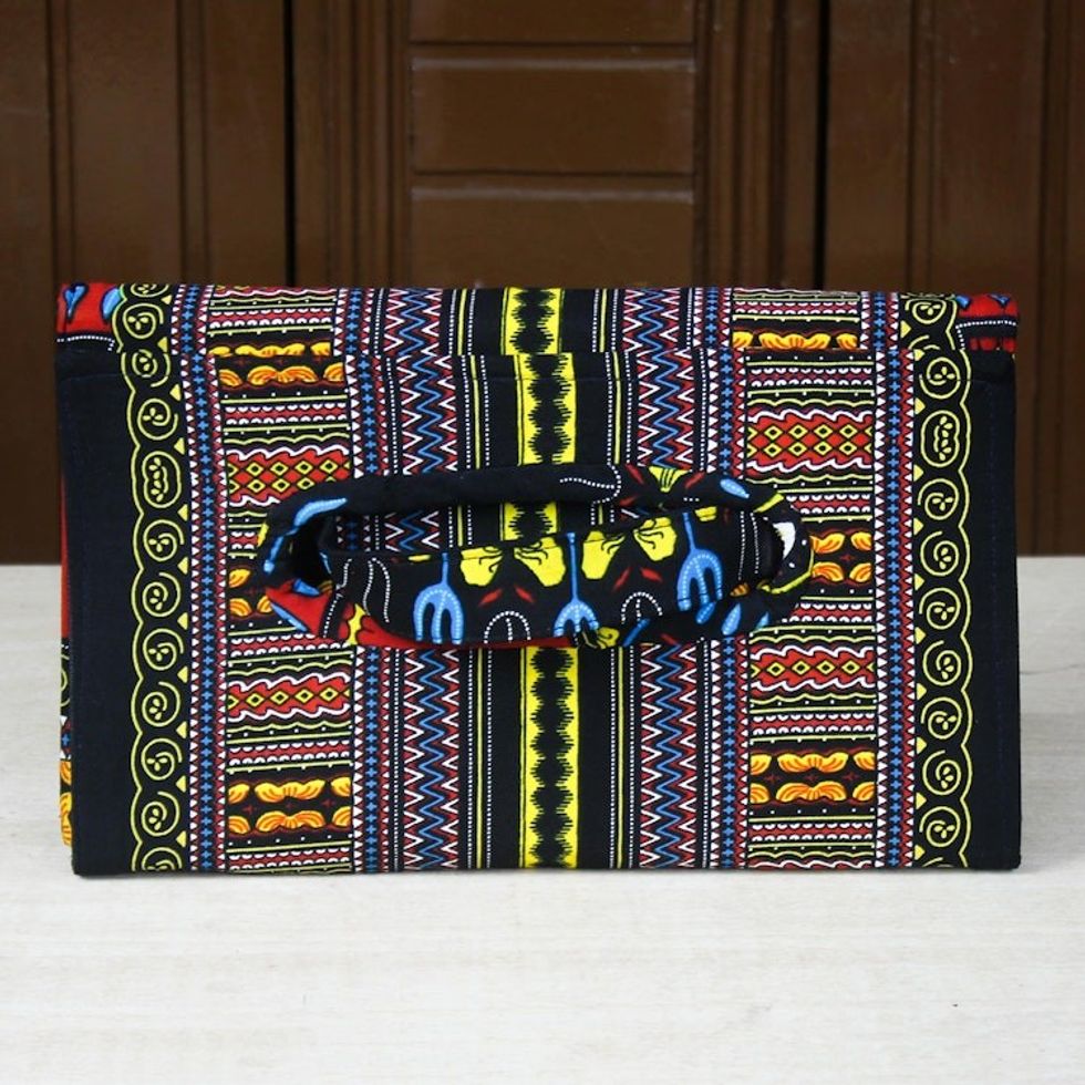 Bold Black Print Cotton Clutch Handbag from Ghana 'Angelina'