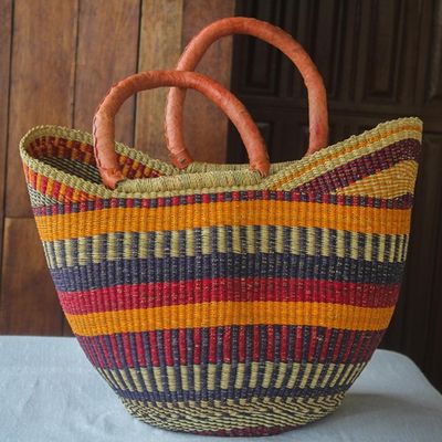 Alternate image for Striped Colorful Raffia Shopping Basket Bawku Brights