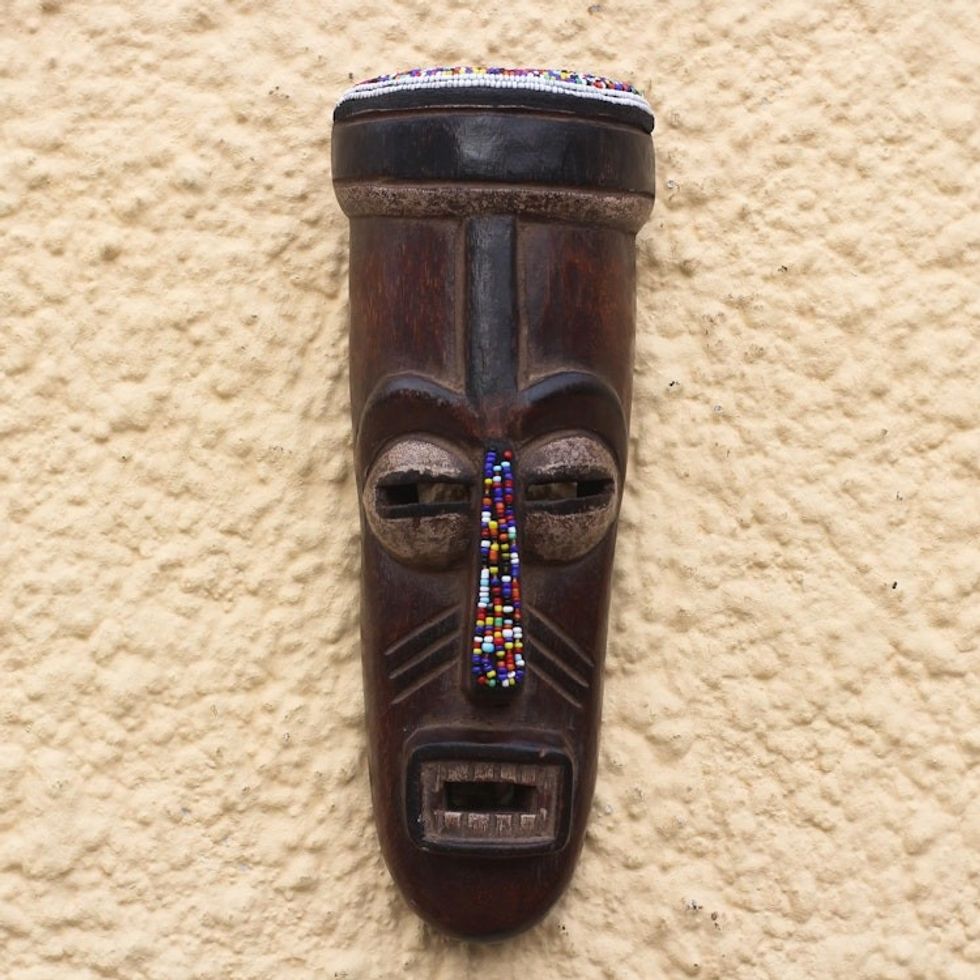 Recycled Glass Beaded African Wood Mask from Ghana 'Urhobo Festival'