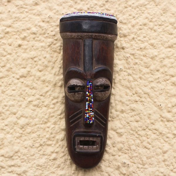 Alternate image for Recycled Glass Beaded African Wood Mask from Ghana Urhobo Festival