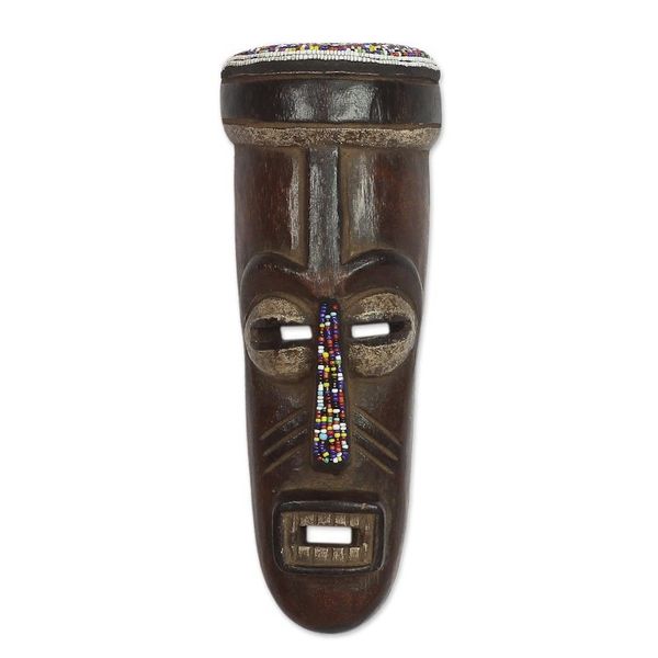 Alternate image for Recycled Glass Beaded African Wood Mask from Ghana Urhobo Festival