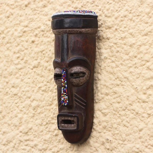 Alternate image for Recycled Glass Beaded African Wood Mask from Ghana Urhobo Festival