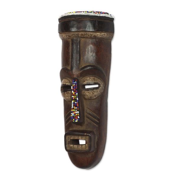 Alternate image for Recycled Glass Beaded African Wood Mask from Ghana Urhobo Festival