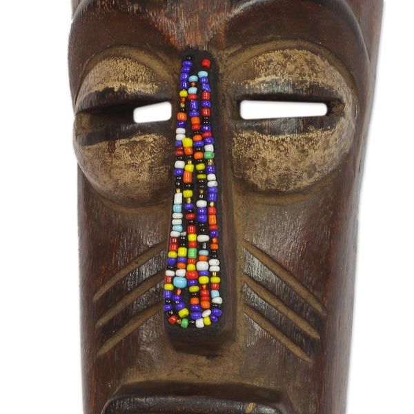 Alternate image for Recycled Glass Beaded African Wood Mask from Ghana Urhobo Festival