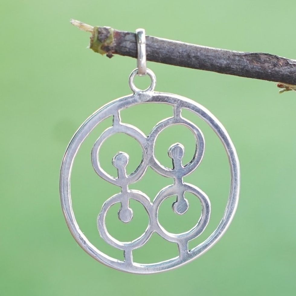 Sterling Silver Round Pendant with Modern Icon from Ghana 'Commitment Core'