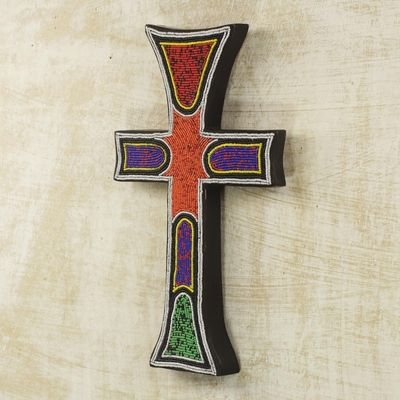 Alternate image for Byzantine Style Beaded Wood Wall Cross Hand Crafted in Ghana Bless My Home